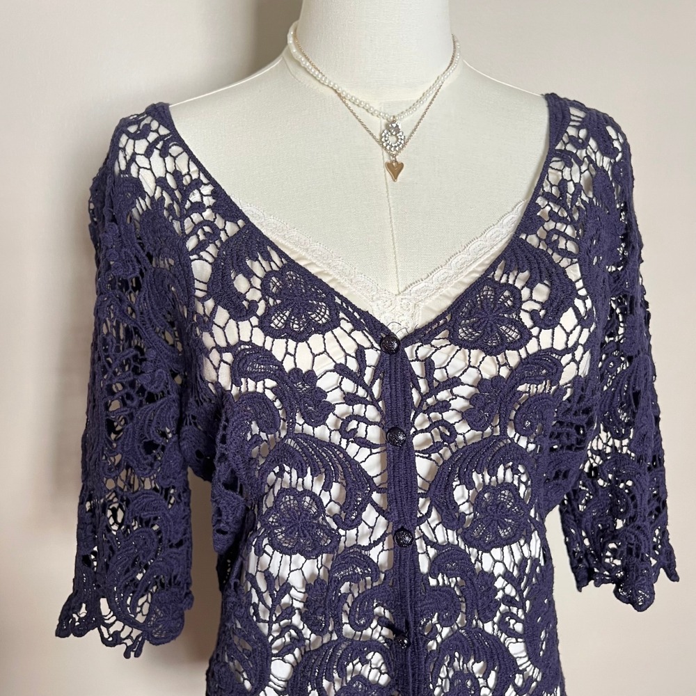 Crochet Lace blouse button down size M coquette cottagecore boho balletcore - Picture 2 of 7